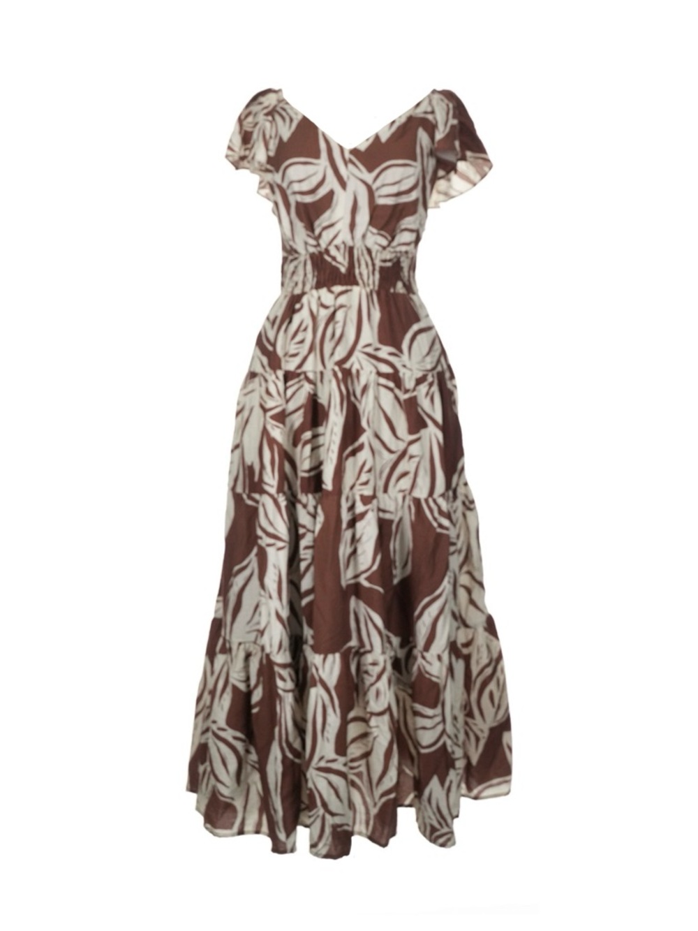 Rachel Zoe TJX Tropical Maxi Dress Brown White Leaf Print Tiered Boho Resort